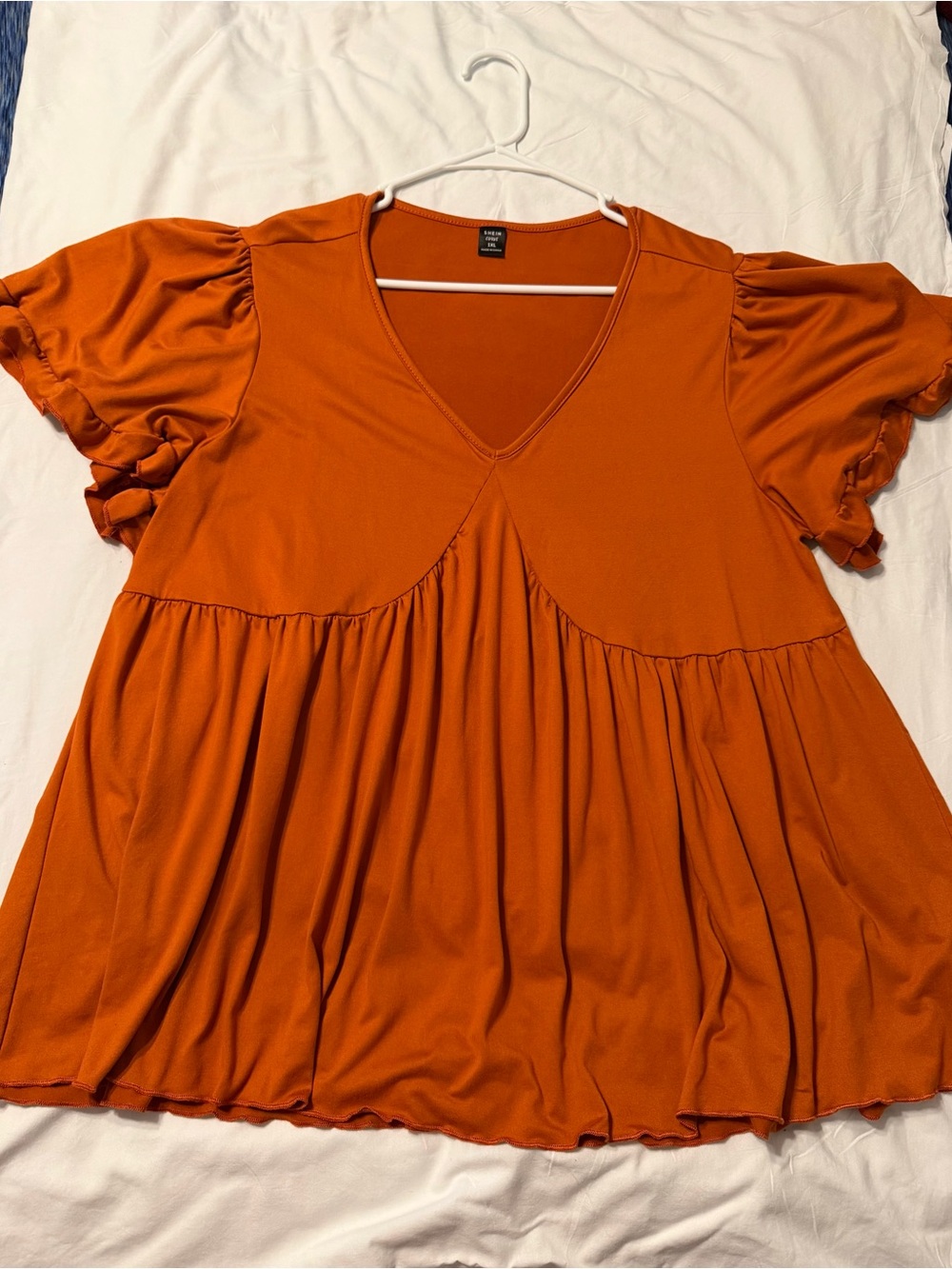SHEIN Orange V-Neck Ruffled Sleeve Babydoll Top